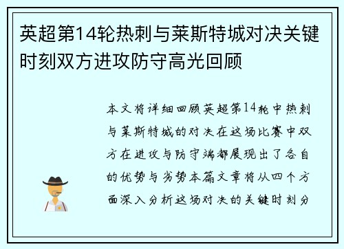 英超第14轮热刺与莱斯特城对决关键时刻双方进攻防守高光回顾